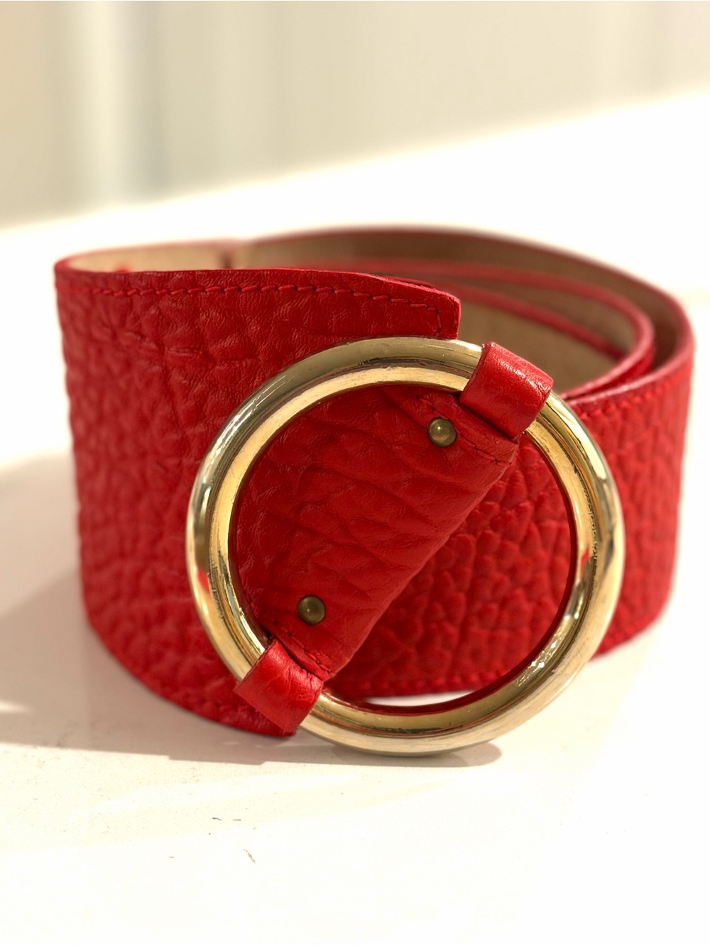 Vintage Cipriani Wide Tomato Red Buffalo Pebbled Gold Ring Buckle M/L Statement